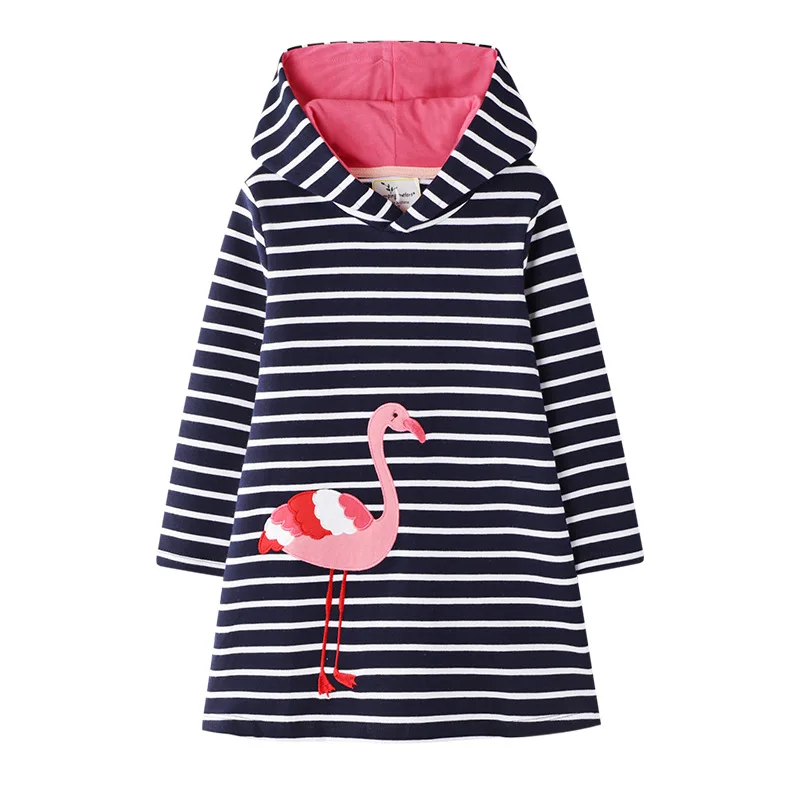 

2019 New Girls Dress Hooded Dress European American Cartoon Printed Striped Girls Dresses Striped Flamingo Girl Dress With Hood