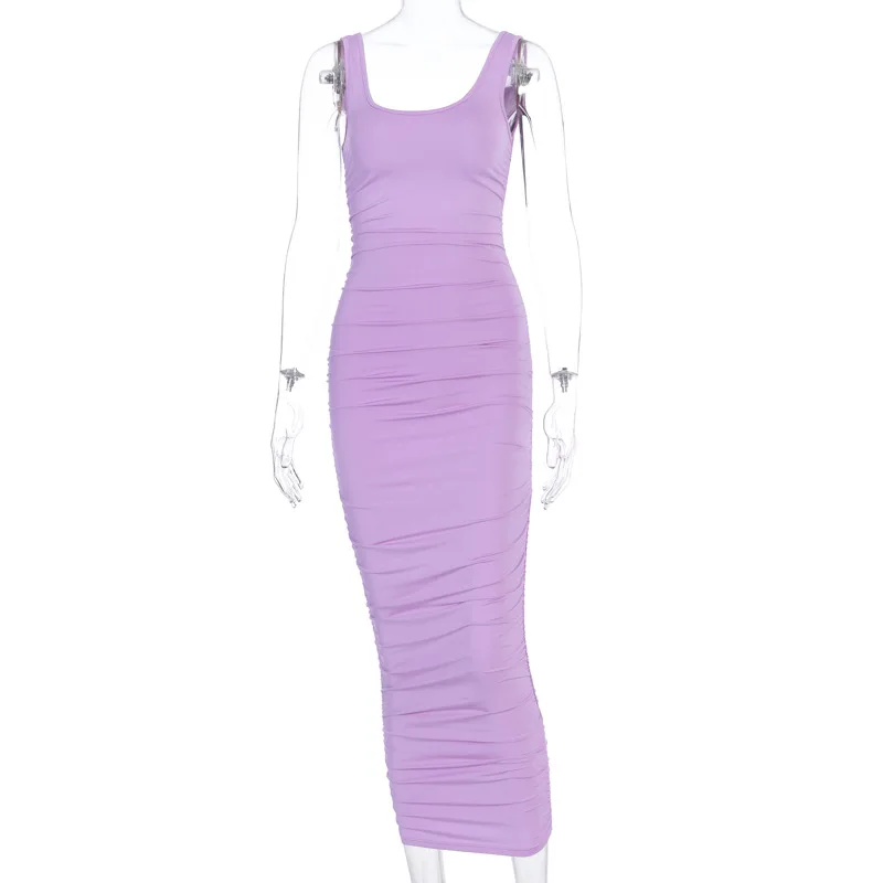 Summer women's dress casual beach style solid color sexy sleeveless slim-fit pleated beach dress