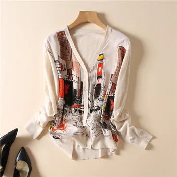 

New autumn women s clothing v neck cartoon city printed silk knit long sleeve cardigan F9016