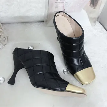 

2020 New Luxury Designer Metal Square Toe Shoes Women Diamond Lattice High Heels Patchwork Woven Genuine leather Slip-on Shoes
