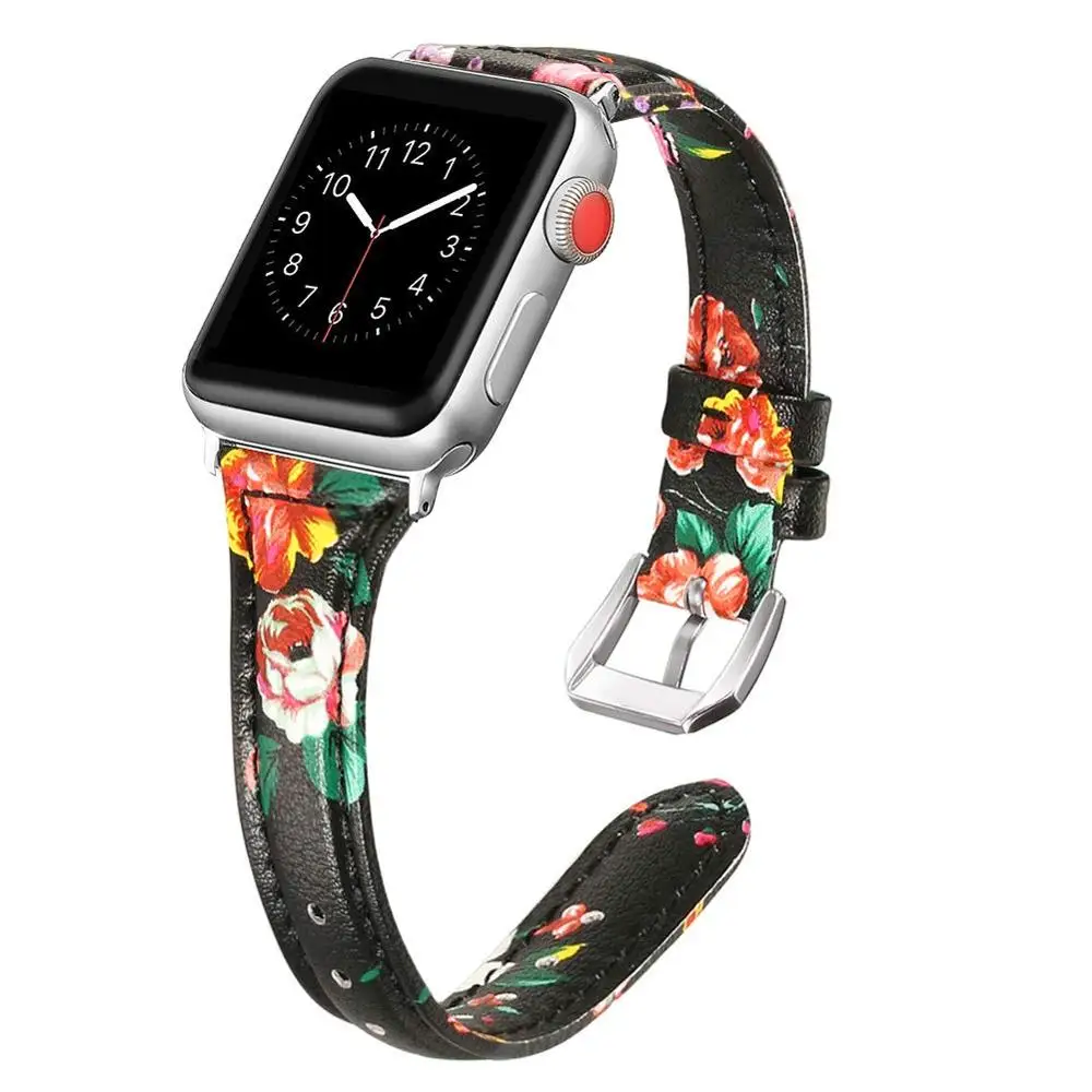 Кожаный ремешок с цветочным узором для apple watch 42 мм 44 4 5 38 40 iwatch 3/2/1 correa сменный