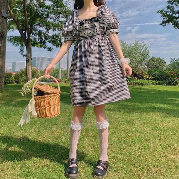 Japanese Summer Sweet Academy Dress Vintage Square Collar Plaid Bow Cute Puff Sleeve Dresses Kawaii Ruffles Girly Loose Dress