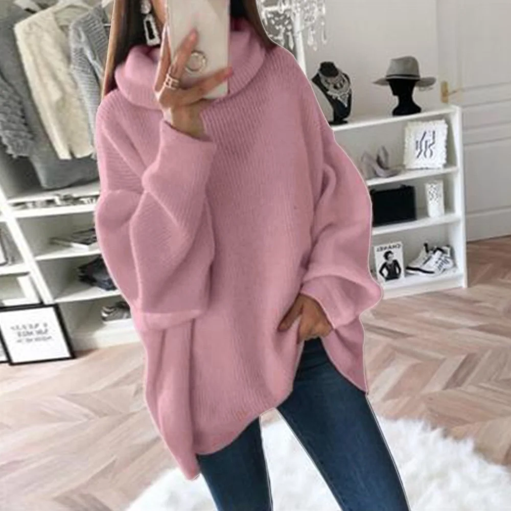 WENYUJH Fashion Plus Size 2XL Knitted Sweaters And Pullovers Women Loose Turtleneck Long Sweter Femme Knitwear Jumpers Tops