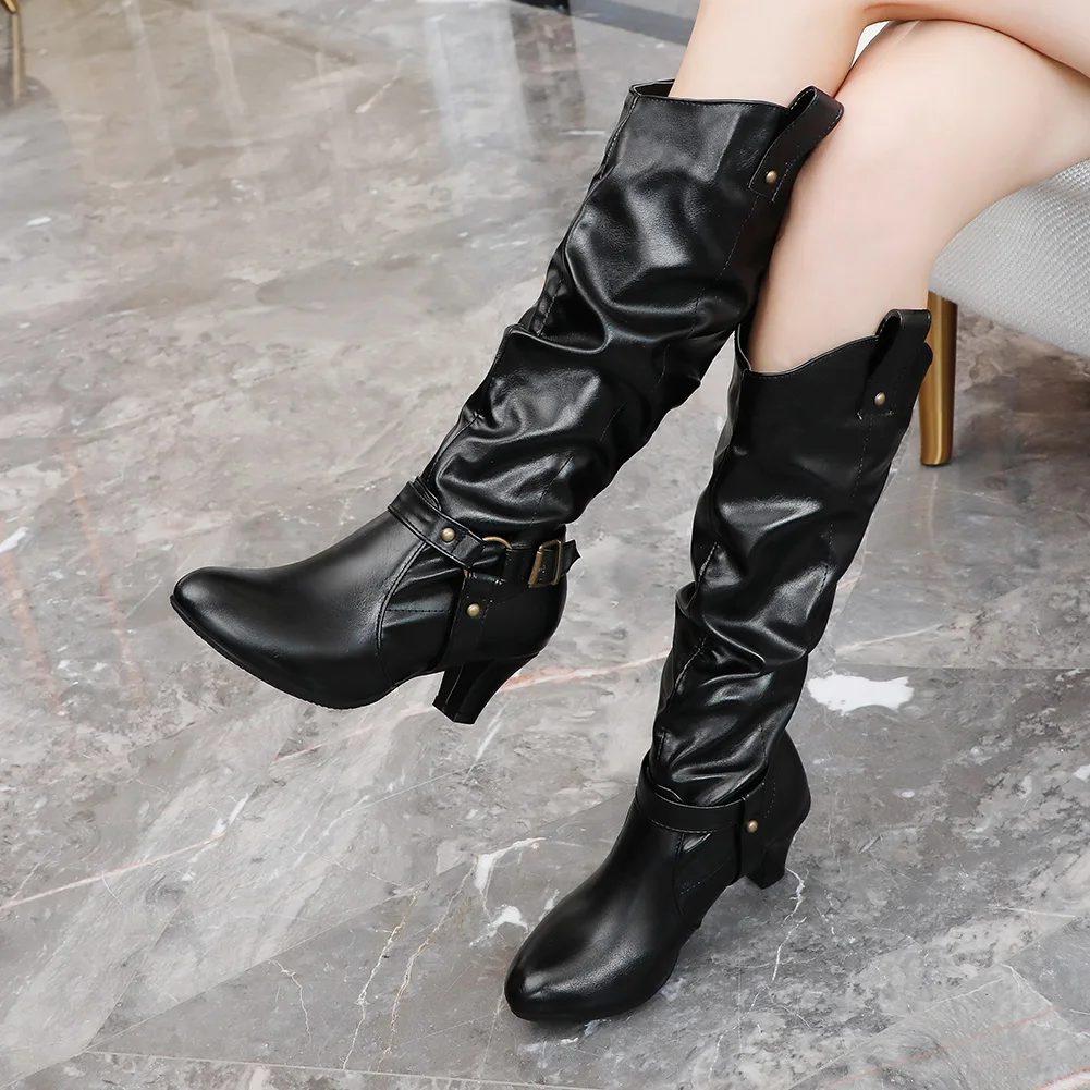 KARINLUNA New Big Size 33-43 Autumn Fashion Pleated mid-calf Boots Women Ladies Western Boots Buckle OL Med Heels Shoes Woman KARINLUNA New Big Size 33-43 Autumn Fashion Pleated mid-calf Boots Women Ladies Western Boots Buckle OL Med Heels Shoes Woman