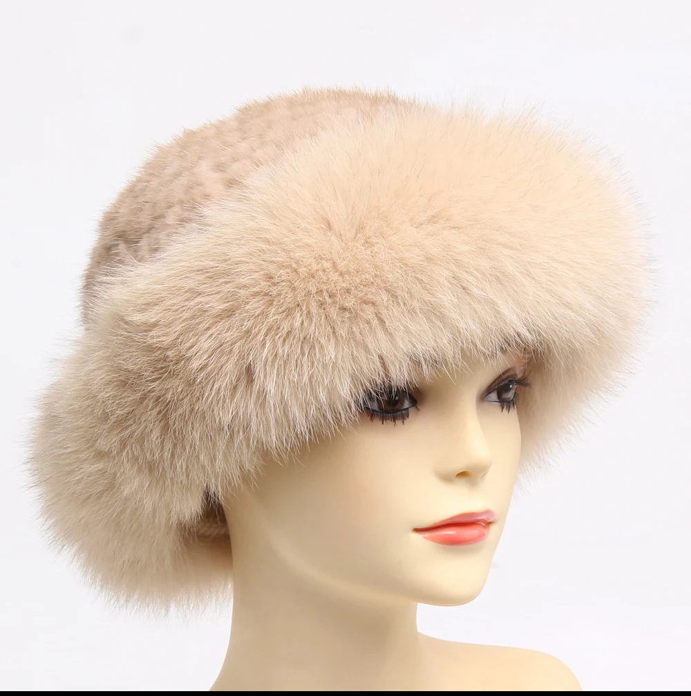 Winter Knitted Real Mink Fur Hats Luxury Natural Real Fox Fur Cap Ladies Winter Warm Fluffy Casual Natural Genuine Fur Hats