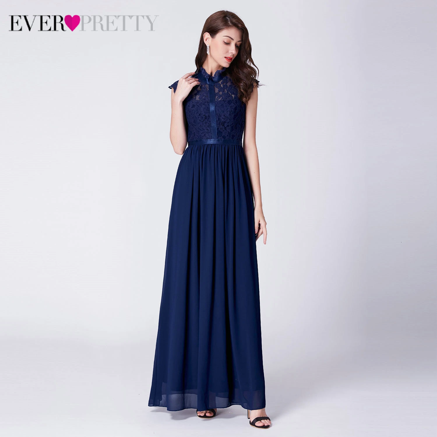 

Elegant Navy Blue Prom Dresses Ever Pretty A-Line O-Neck Sleeveless Navy Blue Lace Formal Party Gowns Vestidos De Gala 2019