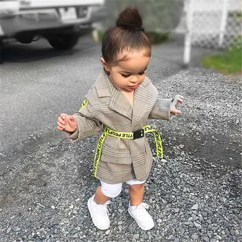

chifuna New Lapel Plaid Suit Design Fluorescent Green Letter Belt Baby Girls Coat Kids Coat Jacket Outerwear Children's Coats