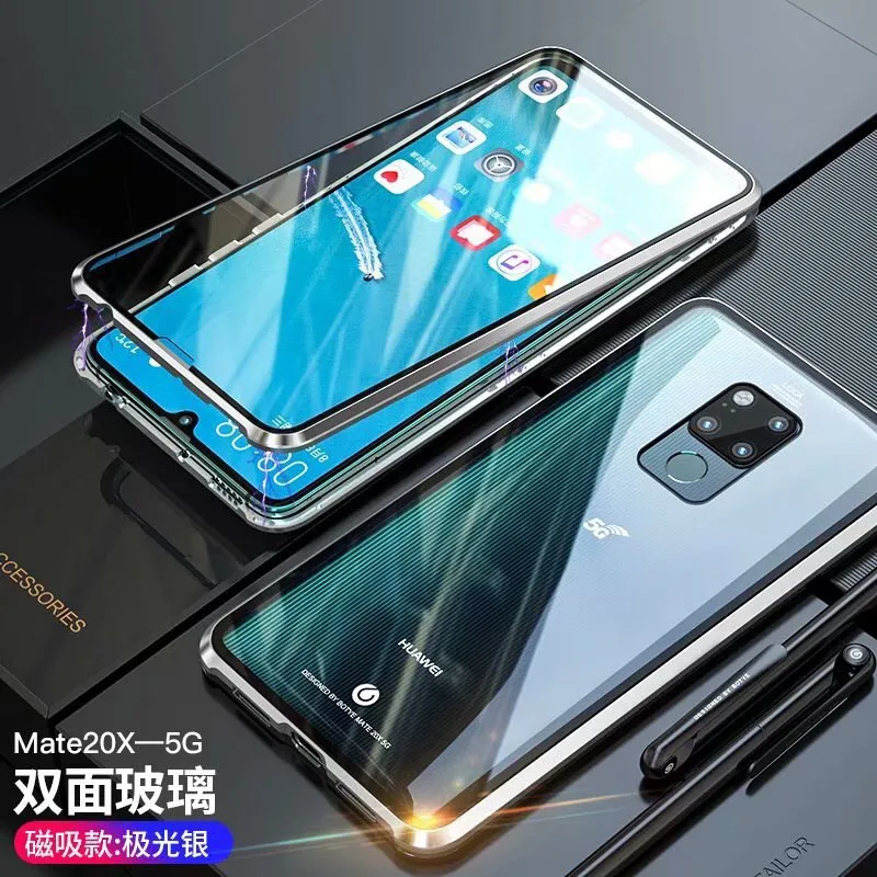Для huawei mate 20X5G 20 Pro Lite 20X 20pro 20lite чехол 360 Магнитная Адсорбция передняя+ задняя Двусторонняя 9H чехол из закаленного стекла - Цвет: Silver