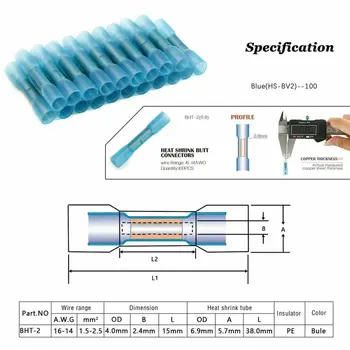 

100pcs 14-16 Gauge Blue AWG Heat Shrink Butt Wire Connectors Crimp Terminals 1.5-2.5mm Heat Shrink Wire Connectors