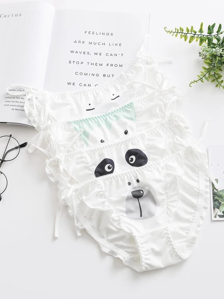 

Japanese Lolita Women Sweet Panties Panda Print Cute Bear Bowknot Lace Tied Ruffle Underwear Teen Girls Kawaii Milk silk Briefs