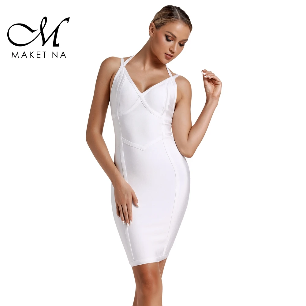 Maketina облегающее Бандажное Платье Женское Vestidos летняя блузка на бретелях сексуальное Белое обвязанное платье без рукавов вечернее облегающее платье