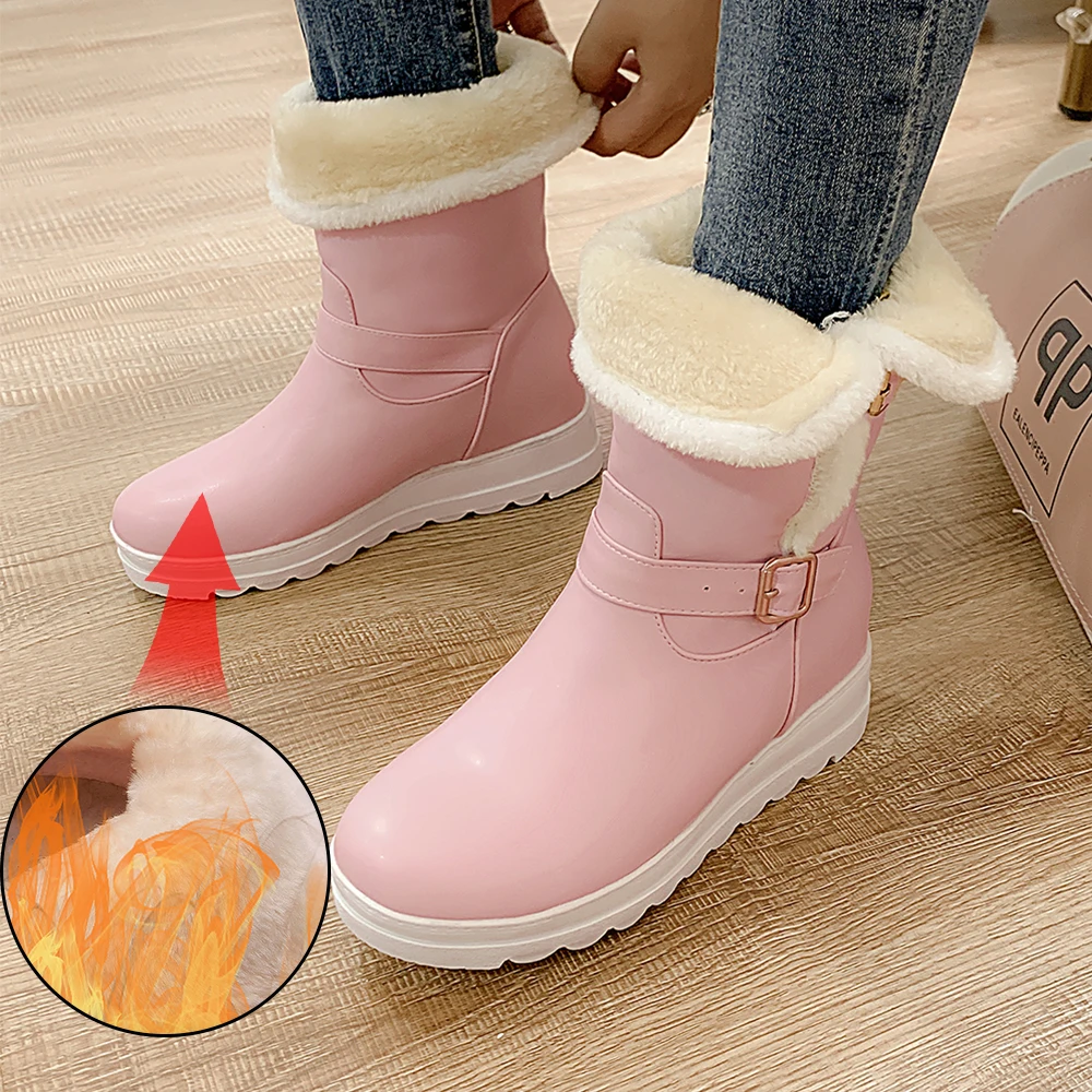 

Plus Size 34-42 New Popular Women Snow Boots Faux Fur Increased Heels Warm Fur Inside Solid Winter Boots Female Mid-Calf Boots