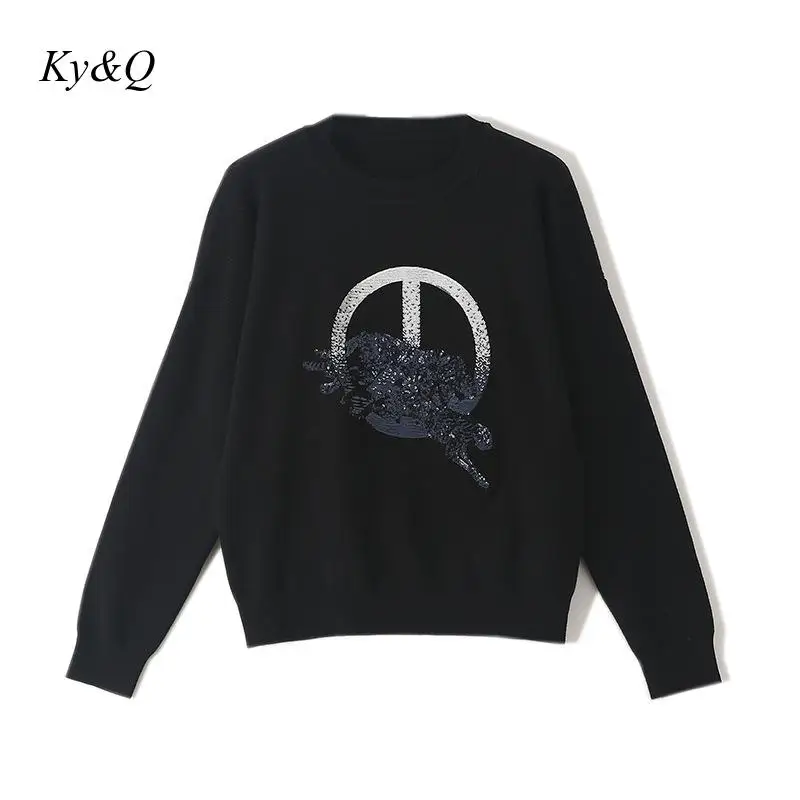 Runway 2019 Luxury Women Loose Sweater Winter Christmas Outwear Double Leopard Sequin Embroidered Top Long Sleeve | Женская одежда