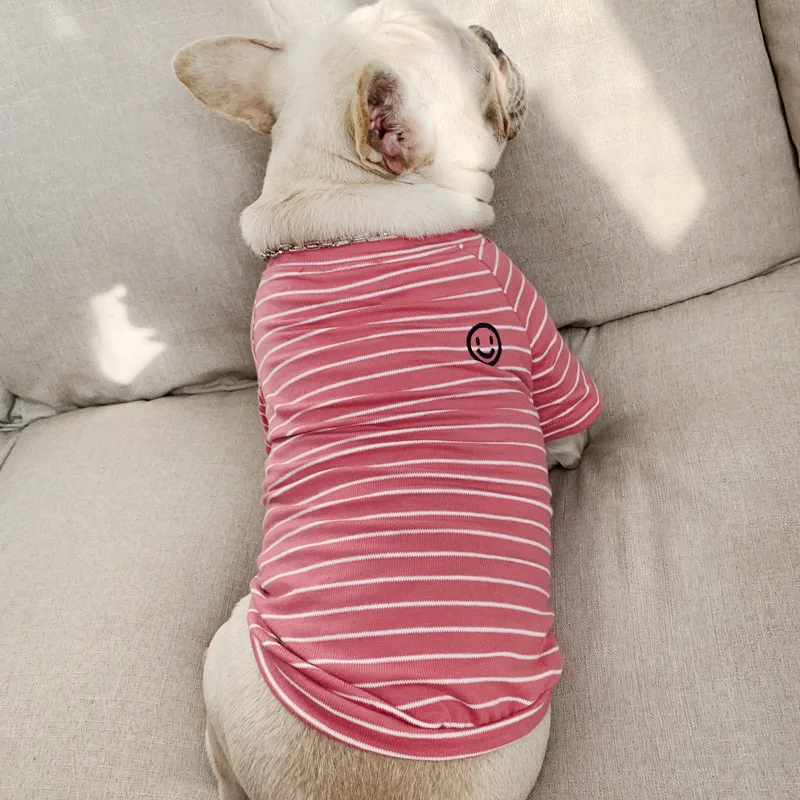 Embroidery Smile Summer Striped Dog Clothes for Small Dogs Vest Shirt Cat T-shirt Coat for French Bulldog Pug Pet Products XQ141