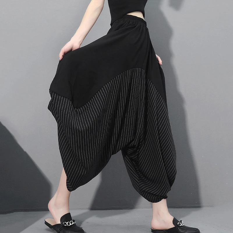 [EAM] High Elastic Waist Black Striped Split Long Harem Trousers New Loose Fit Pants Women Fashion Tide Spring Autumn 2020 1Z313