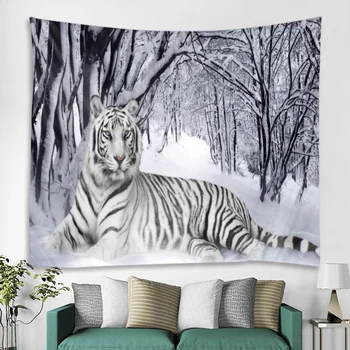

White tiger in the snow jungle background tapestry background decoration cloth factory direct sales can be customized