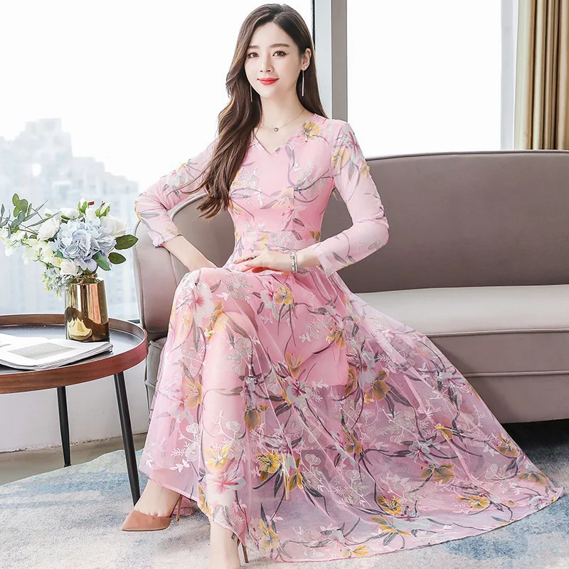 

2020 Spring And Autumn New Style Long Sleeve Embroidery Dress Women's Waist Hugging Cover Belly Elegant Debutante over-the-Knee