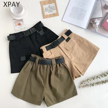 

2020 Summer Fashion new Casual Clothes High Waist Wide Leg Cargo Women's Shorts Vintage Sashes Solid Khaki Pocket Women Shorts