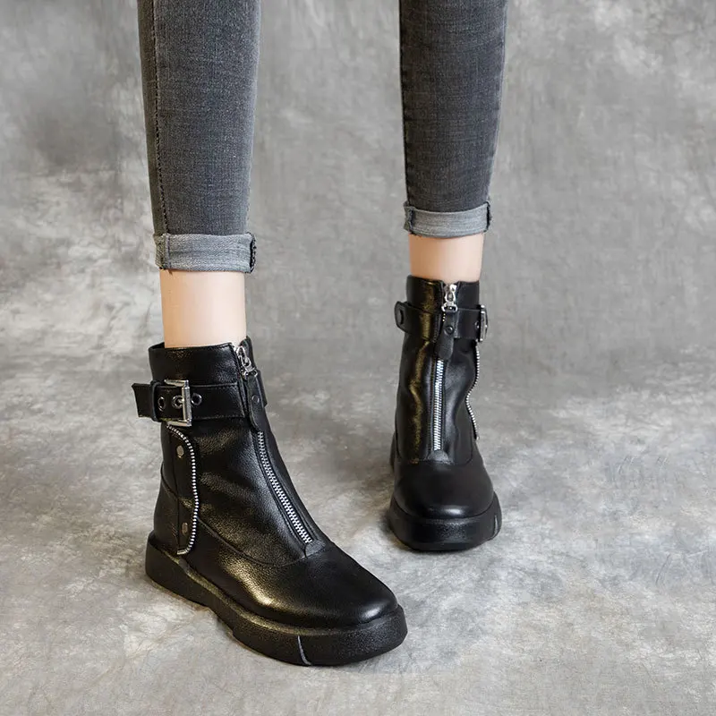 

CINESSD Genuine Leather Black Boots Women Trend 2020 Zipper Designer Shoes Women Casual Platform Boots Female Heel Large Size 42