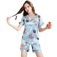 New Silk Ice Pajamas Female Cute Japanese Short-sleeved Pullover V-neck Silk New Thin Section Pijamas Women Sleepwear