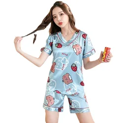 New Silk Ice Pajamas Female Cute Japanese Short-sleeved Pullover V-neck Silk New Thin Section Pijamas Women Sleepwear