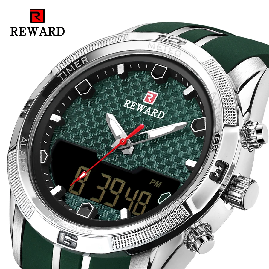 

REWARD Mannen Dual Display Horloges Luminous Hands Dark Green Silicone Band Mesh Woven Case Waterproof Army Top Brand Clock