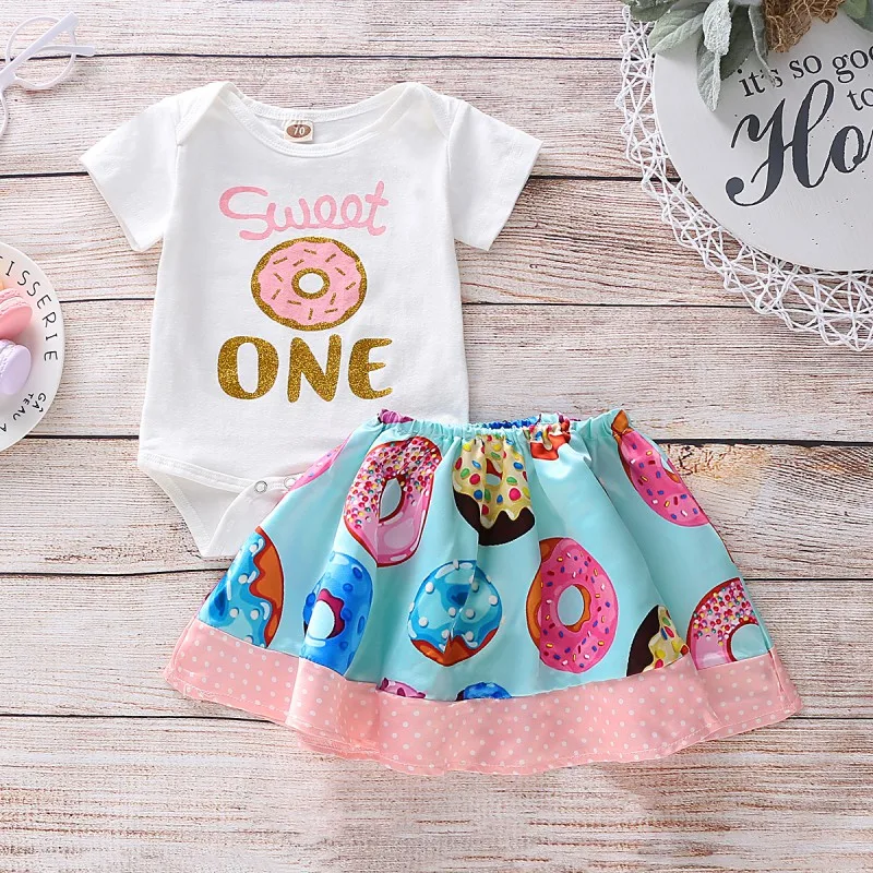 

2Pcs/Set Summer Baby Girl Casual Short Sleeve Letter Print Romper Tops +Short Skirt Outfits Set