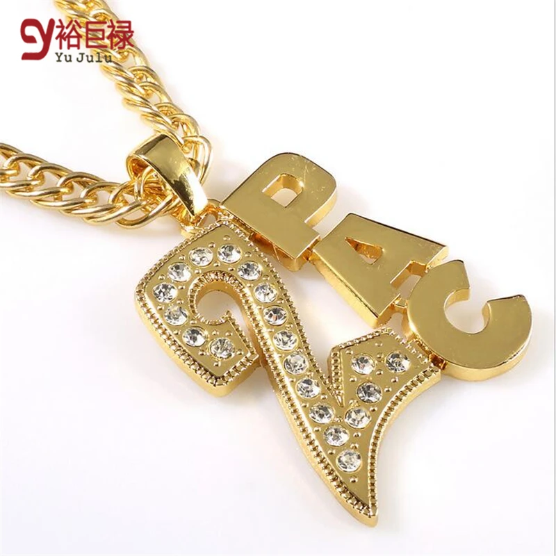 

2019 Styles Hipsters Long Chain Necklace Gold Metal Crystal Rhinestone 2PAC Pendant Fashion HipHop Accessory Women Men Jewelry