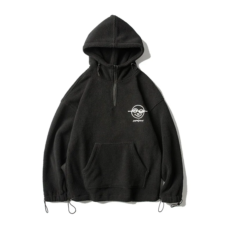 

Wuhang Japanese Pullover Fleece-Lined Thickened Hooded Sweatshirt Solid Color Couple Loose Embroidery Pullover Hoodie Trendy Men