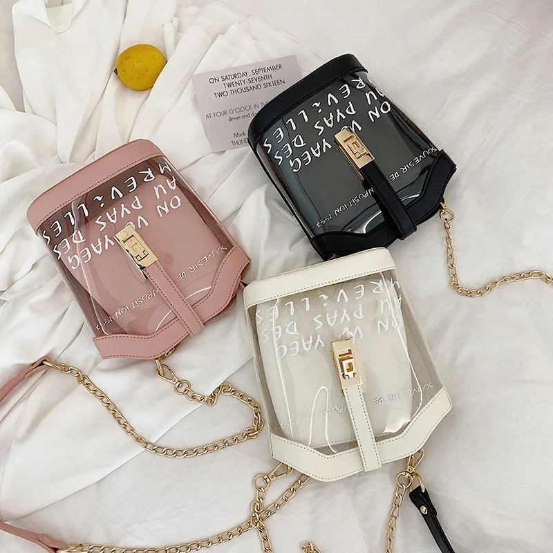

Transparent Bag Women's 2019 New Style Korean-style Bucket Lettered Simple Different Size Bags INS-Style Chain Single-shoulder C