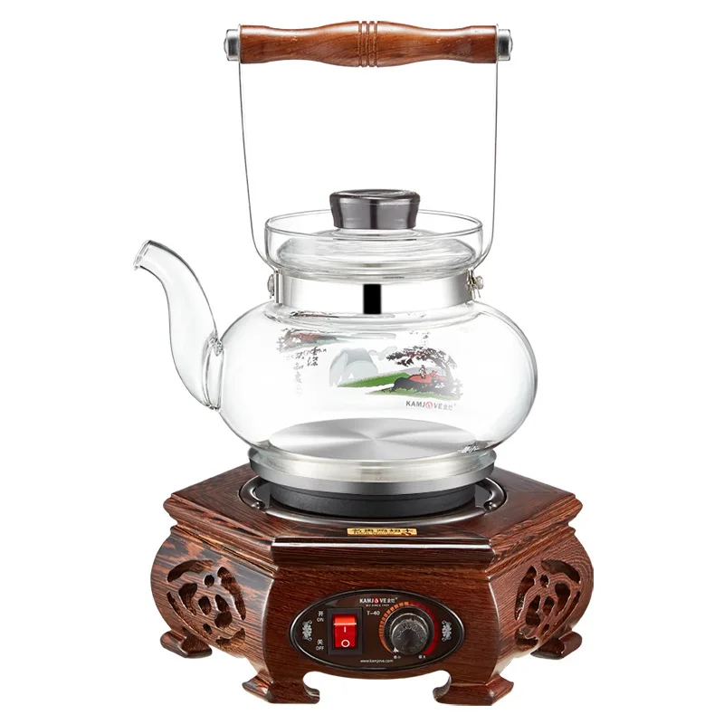 T-40 220V 800w Electric tea stove water boiler 0.8L Kettle Borosilicate glass Stainless steel Heating plate Wooden Handle Pot
