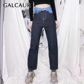 

GALCAUR Korean Patchwork Hit Color Denim Pant Women High Waist Pocket Plus Size Jeans Female Summer 2020 Fashion Clothing New