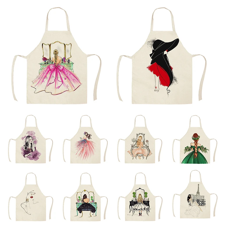 1Pcs Kitchen Apron Vogue Girls Beauty Fashion Printed Sleeveless Cotton Linen Aprons for Men Women Home Cleaning Tools55*68cm