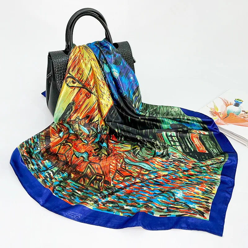 

New Silk Scarf Women Large Square 90cm Turban Oil Painting Printing Cafe Custom Wholesale Satin