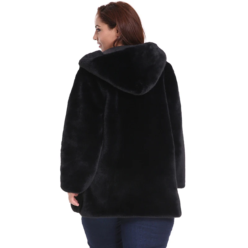 Негабаритный 6XL зимний теплый с капюшоном Большие размеры длинное однотонное пальто из искусственного меха Новая повседневная женская меховая куртка с длинным рукавом верхняя одежда