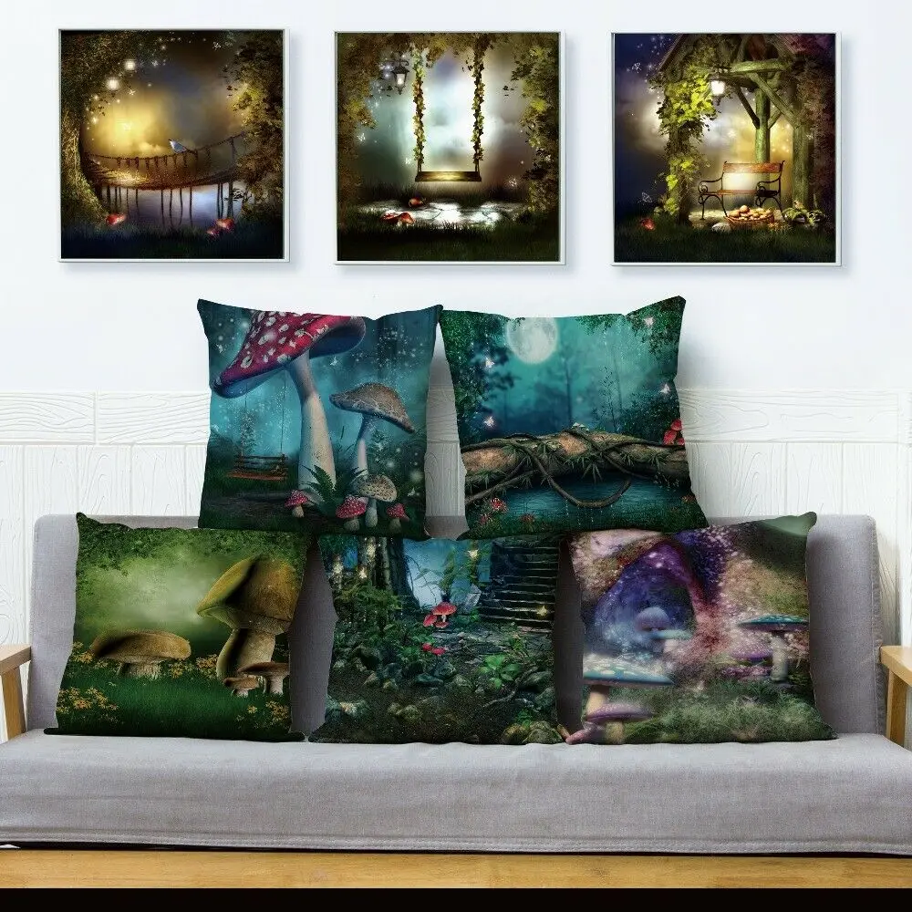 

Tree Mushroom House Cushion Cover for Sofa Home Decor Throw Psychedelic Forest