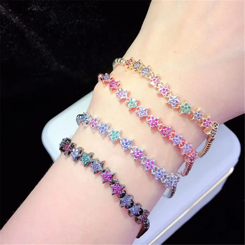 10 шт./лот,, латунный браслет с радужным кубическим цирконием, звезда, регулируемый браслет, модные ювелирные изделия