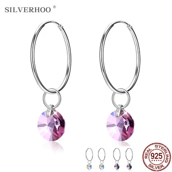 

SILVERHOO 925 Sterling Silver Drop Earrings For Women Circle Austria Crystal Earrings Party Exquisite Jewelry Simple Gift New