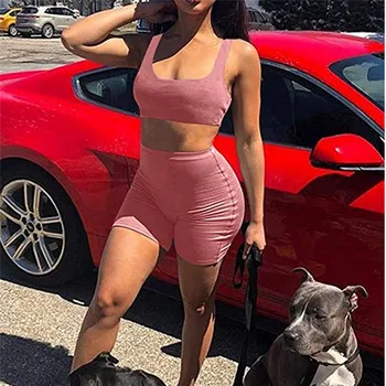 

Women Sports Tracksuit Ladies Sleeveless Crop Top Square Collar Tank Tops and Shorts Set Two piece Bodycon Partywear Outfit