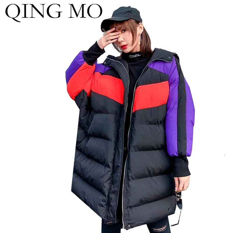 QING MO зимние женские парки с капюшоном 2019 Цветные в стиле пэчворк теплые длинные