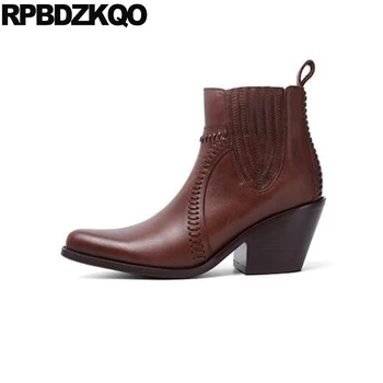 

luxury brand shoes women chelsea brown high heel chunky ladies 2019 genuine leather pointed toe fall ankle booties boots slip on