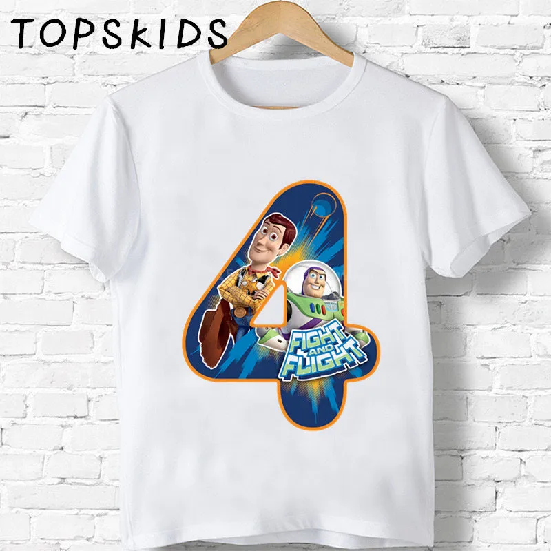 Детские футболки с принтом «История игрушек» и цифрами 1-9 на день рождения, забавная Подарочная футболка Базз Лайтер/Вуди для мальчиков и девочек, детские топы, HKP5309