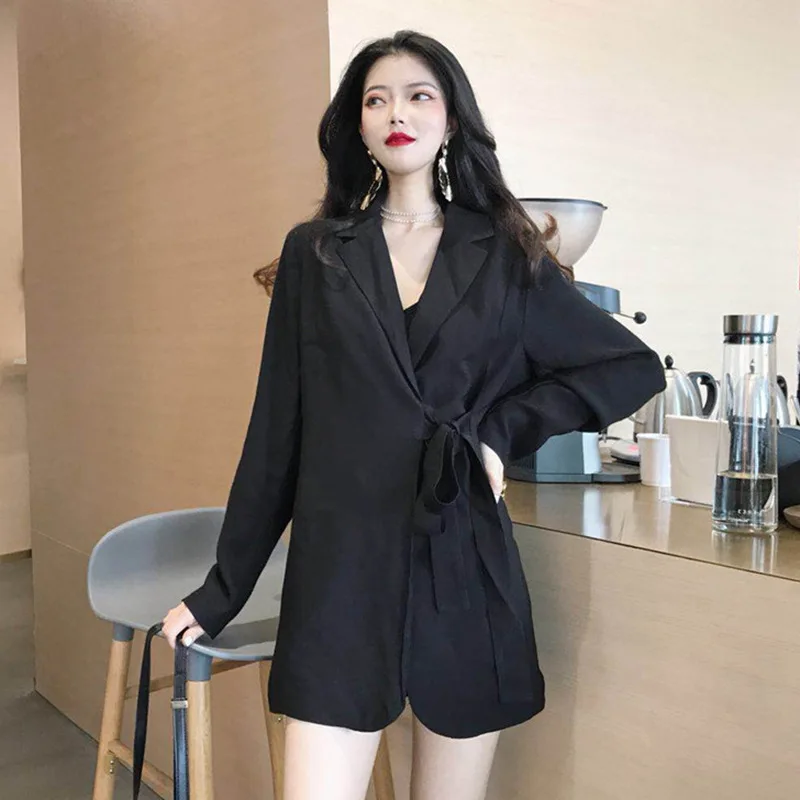 

Online Celebrity Mid-length Suit Women's 2019 Spring Clothing New Style Korean-style Versatile Lace-up Long-sleeved Black Casual