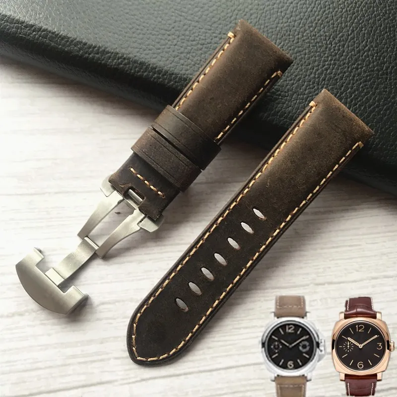 

24mm Handmade Stitched Genuine Calf Leather Watch Strap Band For deployment buckle Watchband Strap for Panei PAM Send too