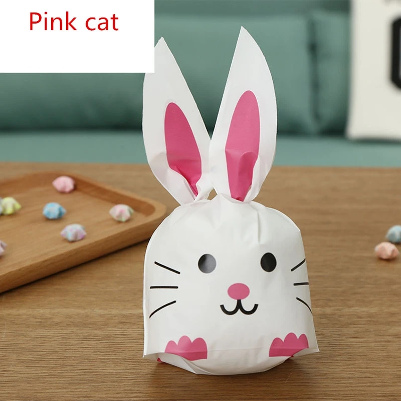 100 шт 13x22 10x17 16x27 см милые с кроличьими ушами для печенья сумки подарочные пакеты для конфет Печенье закуски выпечка посылка Свадебный день рождения Декор - Color: Pink cat