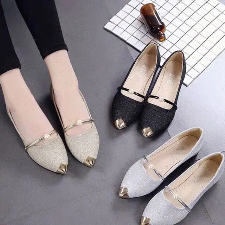 

Factory direct 2019 autumn new pearl sequins flash drill shallow mouth chic single shoes flat shoes Korean women's shoes