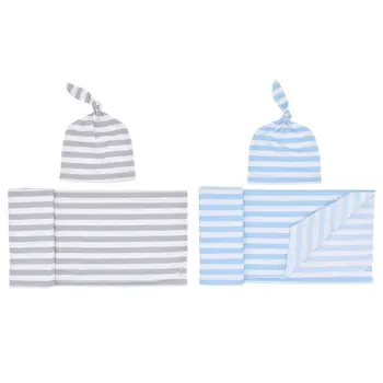 

2set Knitted Baby Swaddle Blanket with Hat Set, Newborn Swaddle Wrap, Receiving Blankets (Grey Stripe&Blue Stripe)