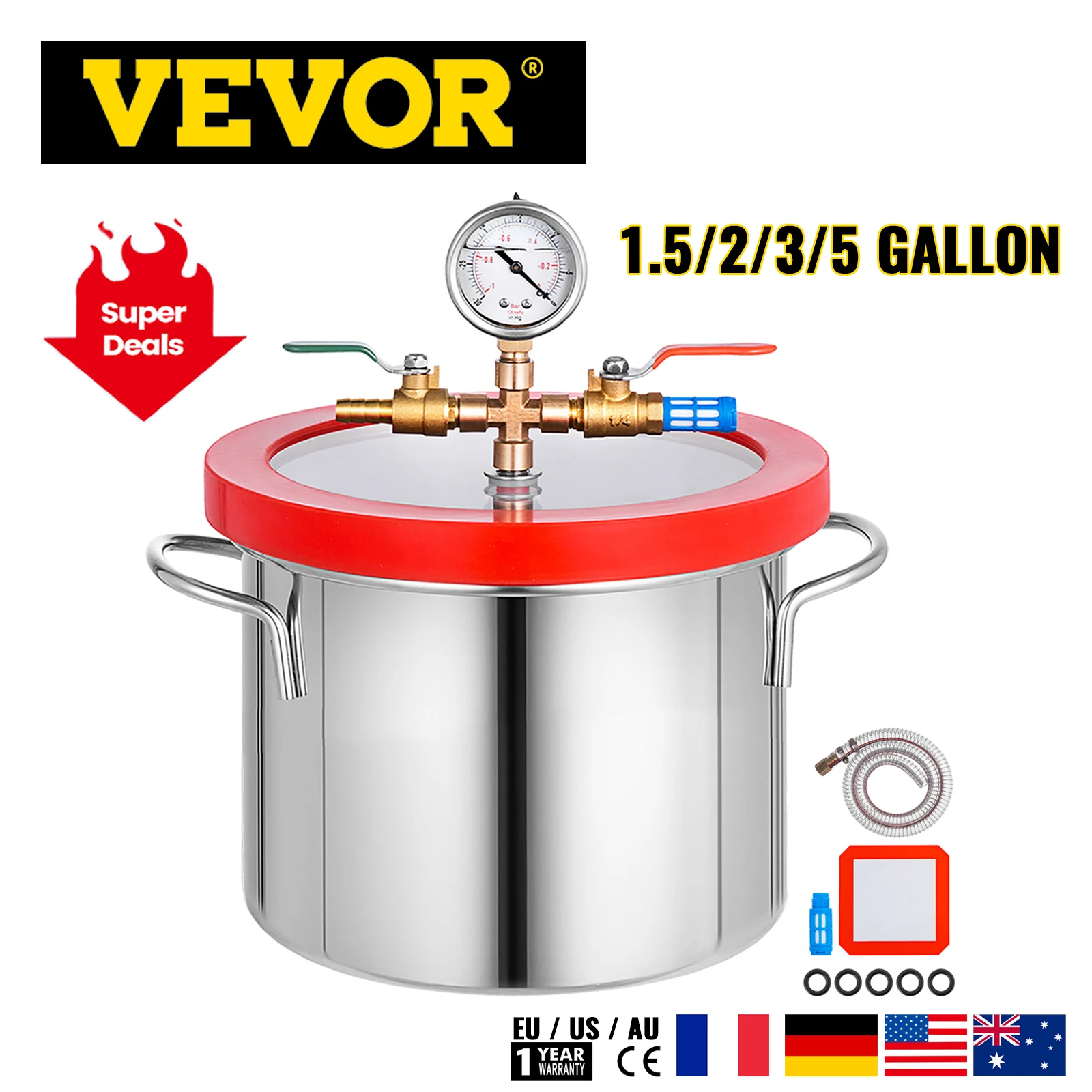 Vevor Vacuum Chamber 1.5 /2 /3 /5 Gallon Stainless Steel Vacuum Degassing Chamber Glass Lid Heat