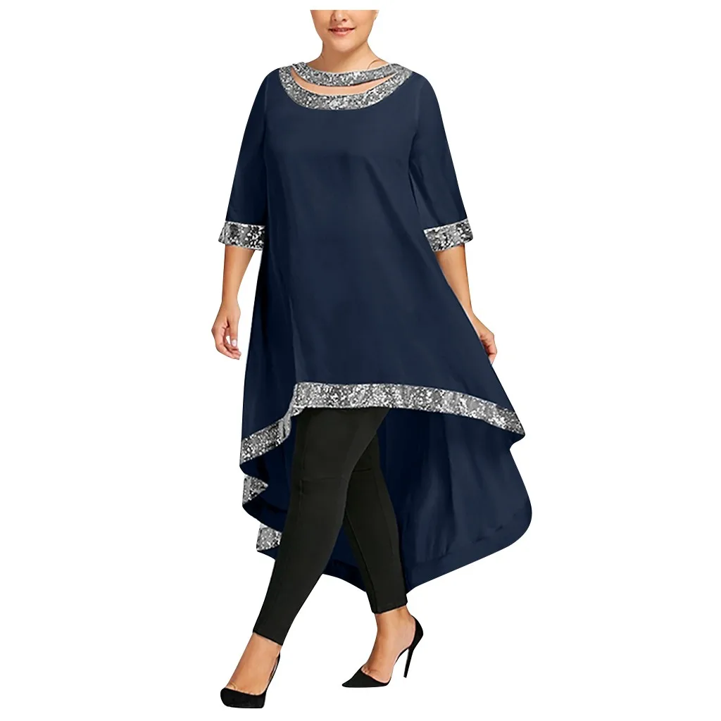 Повседневное однотонное свободное женское платье размера плюс с o-образным вырезом и рукавом средней длины, расшитое блестками Повседневное платье с шелковой отделкой, платье для вечеринок vestidos# F - Цвет: Тёмно-синий