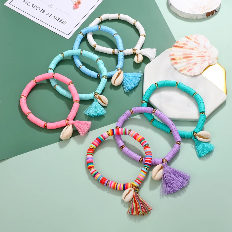 

MINHIN Colorful Tassel Shell Charms Bracelet for Women Rubber Beaded Bracelet Handmade Seashell DIY Summer Beach Jewelry